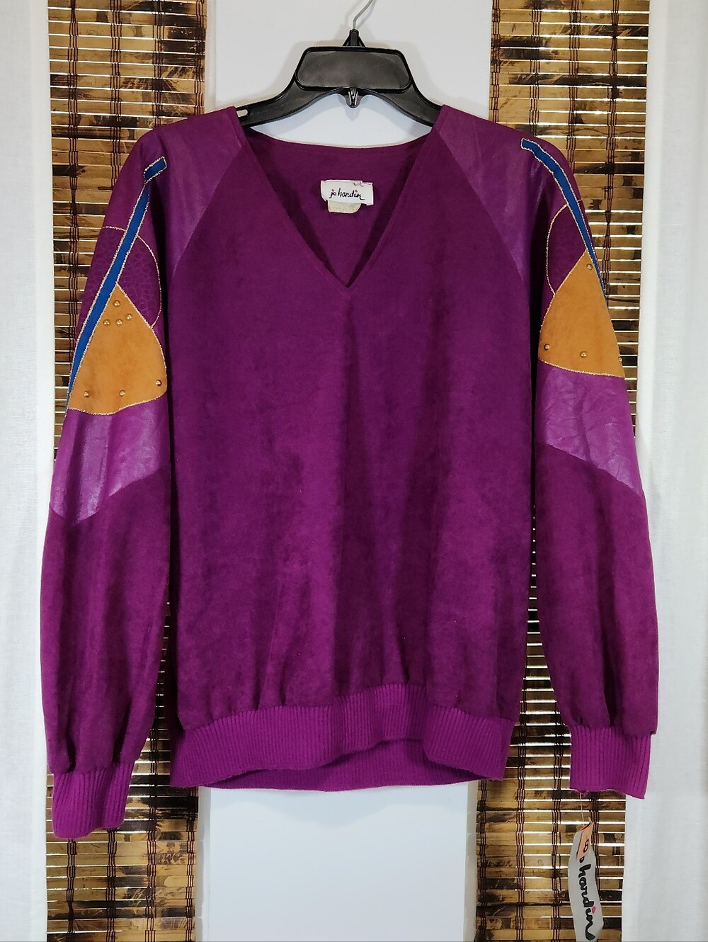 NWT Vintage 80s Jo Hardin Purple Faux Suede Patchwork Sweater Studded Size 8